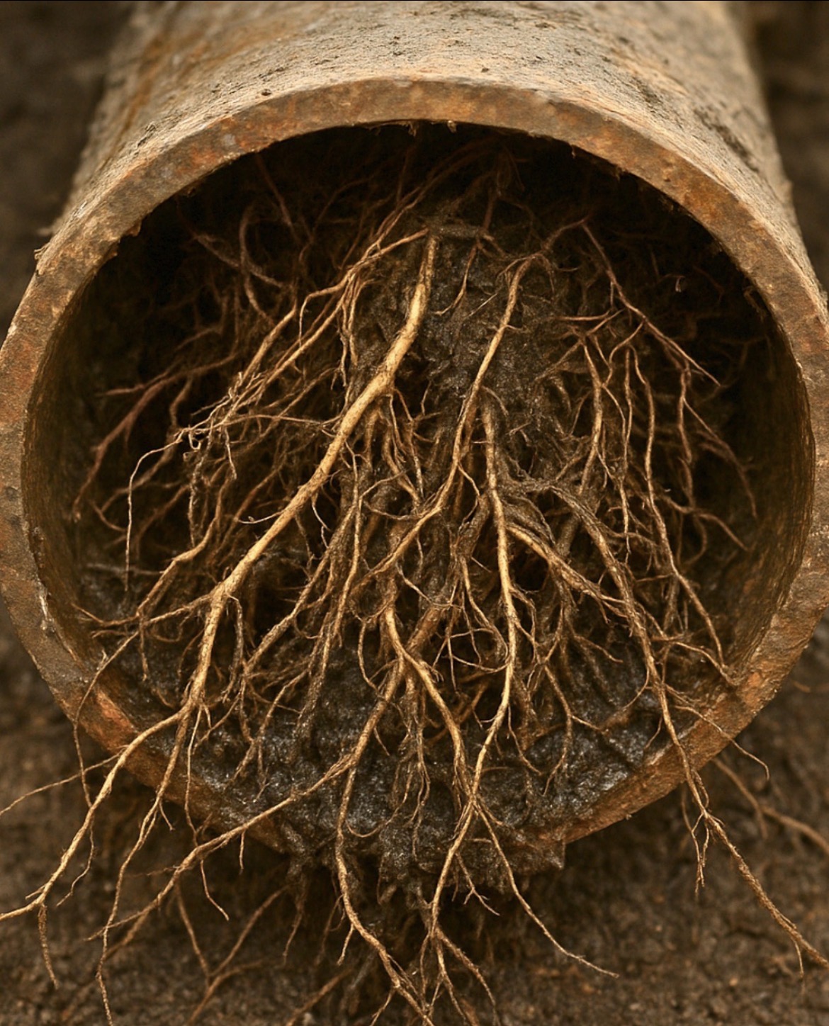 Tree-root intrusion inside underground sewer pipe in Vancouver