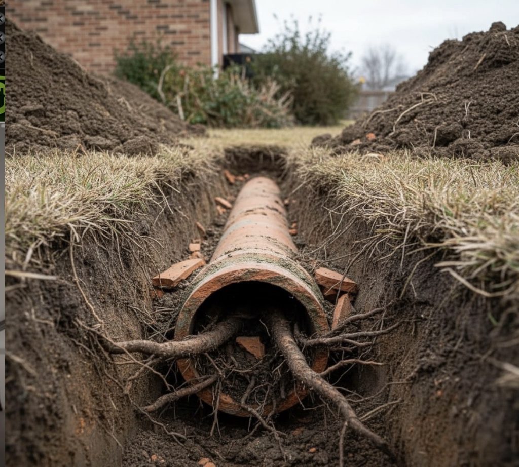Tree roots invading underground sewer pipe causing sewer line blockage and pipe damage