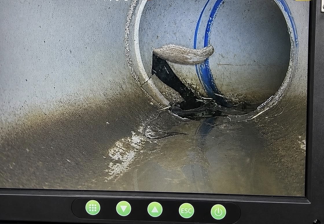 Sewer camera inspection showing tree root intrusion inside underground sewer pipe