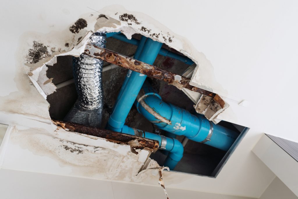 Emergency plumbing leak repair and burst pipe service inside residential wall