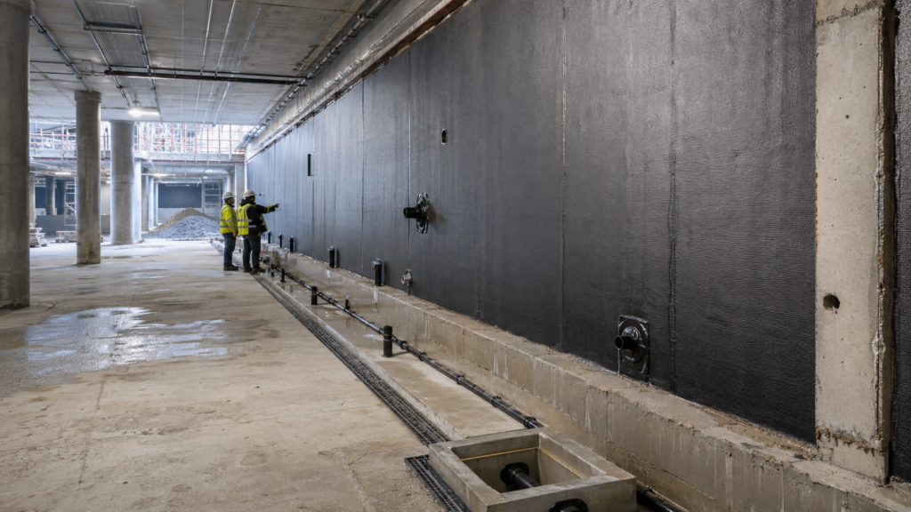 Commercial waterproofing and drainage system installed in an underground parkade
